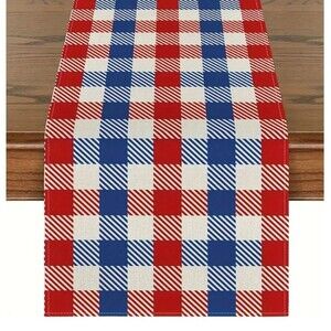 Table Runner 13x72in Red, White and Blue Check Linen New